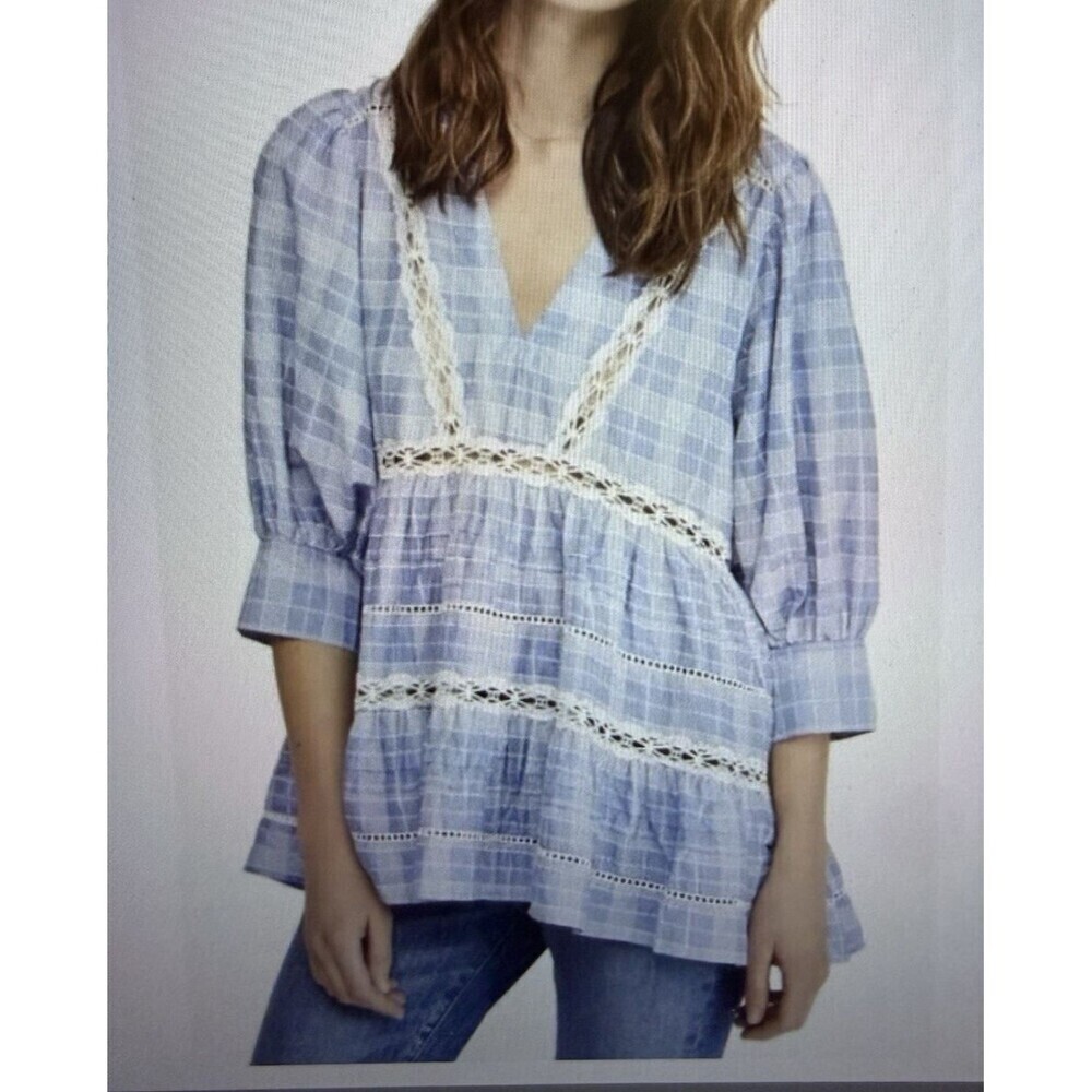Free People Time Out Plaid Babydoll Tiered Blouse Size XS Oversized Lace